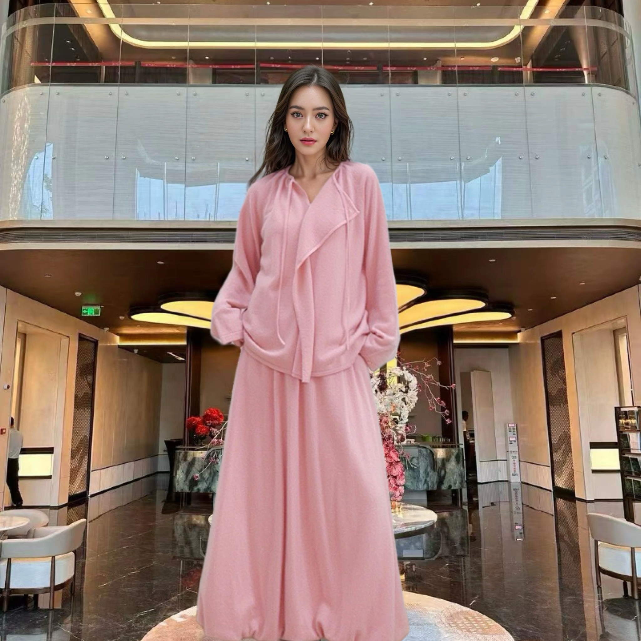 凯悦100%山羊绒套头V领宽松慵懒针织衫飘带袖口扣子 纯羊绒套装裙