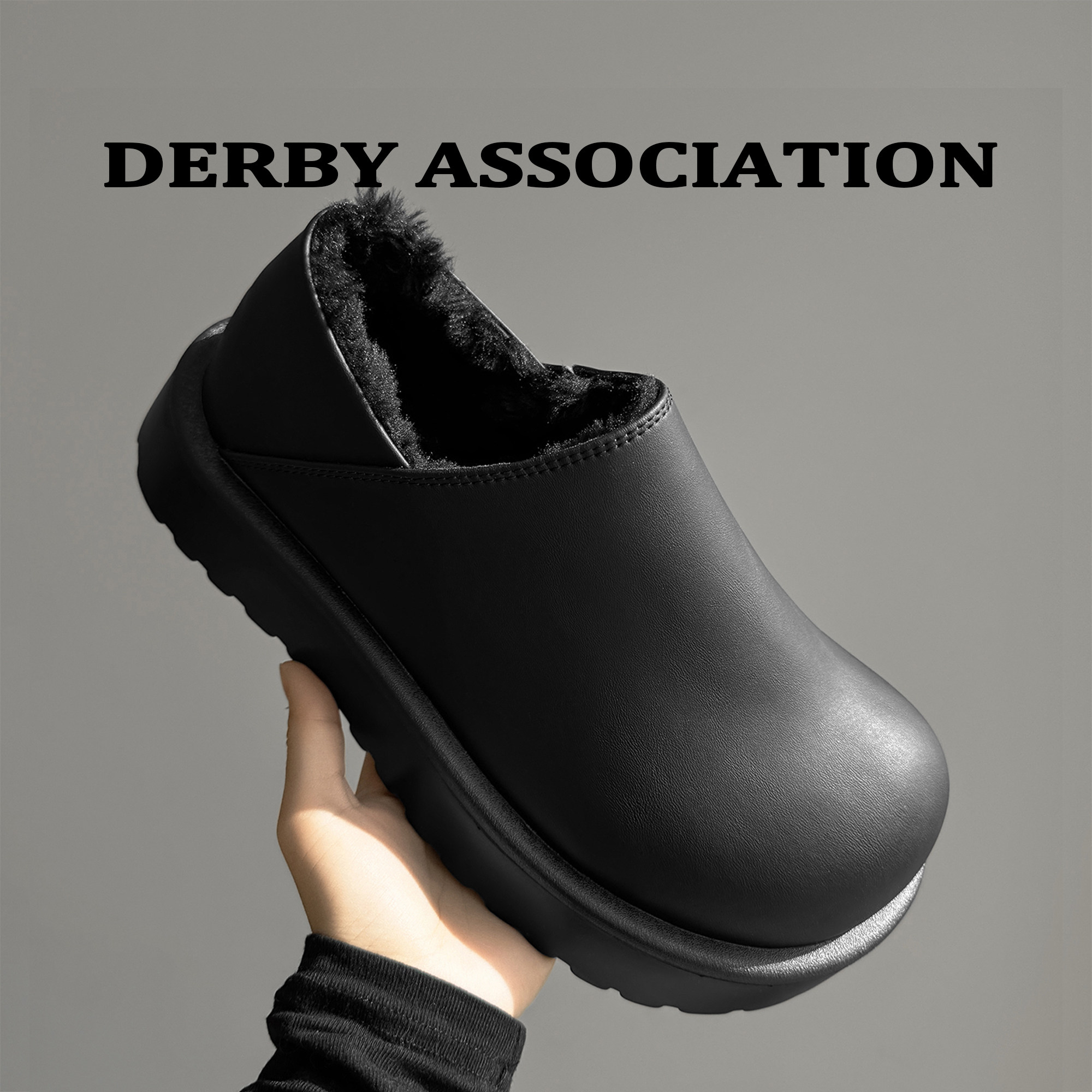 Derby Association冬季加绒厚底乐福鞋保暖低帮雪地靴穆勒勃肯拖