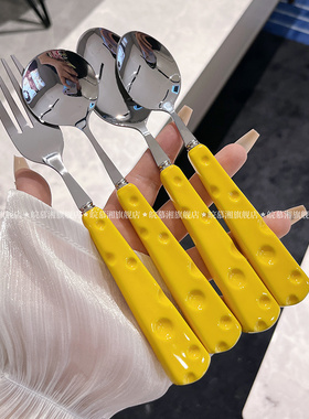 黄色奶酪不锈钢勺叉陶瓷手柄可爱家用西餐具主餐勺牛排刀叉甜品勺