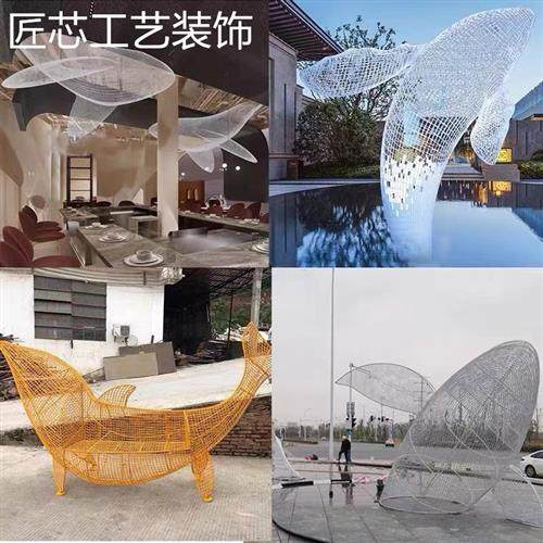 定制大型不锈钢镂空海洋动物鲸鱼雕塑酒店悬挂海豚铁艺装饰摆件