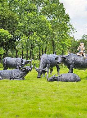 室外草坪仿真大水牛摆件黄牛模型装饰农耕文化玻璃钢牧童骑牛雕塑