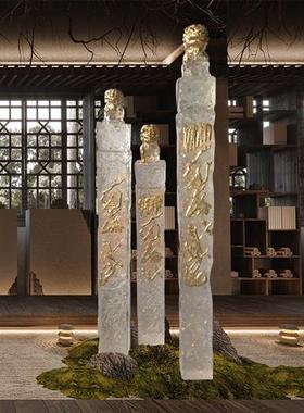 新中式透明树脂狮子摆件金箔拴马桩立柱酒店别墅家居貔貅雕塑落地