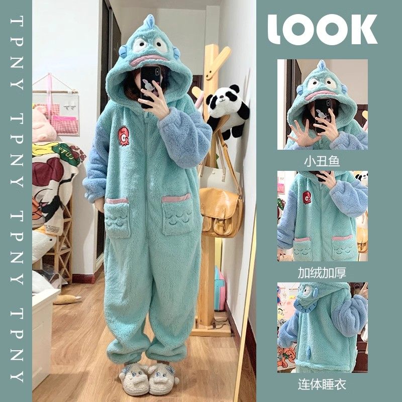 秋冬季新款珊瑚绒卡通可爱小丑鱼连体服睡衣加绒加厚家居服可外穿