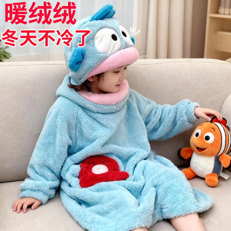 小丑鱼睡衣连体秋冬季珊瑚绒加绒加厚保暖大头卡通睡袍儿童男女童