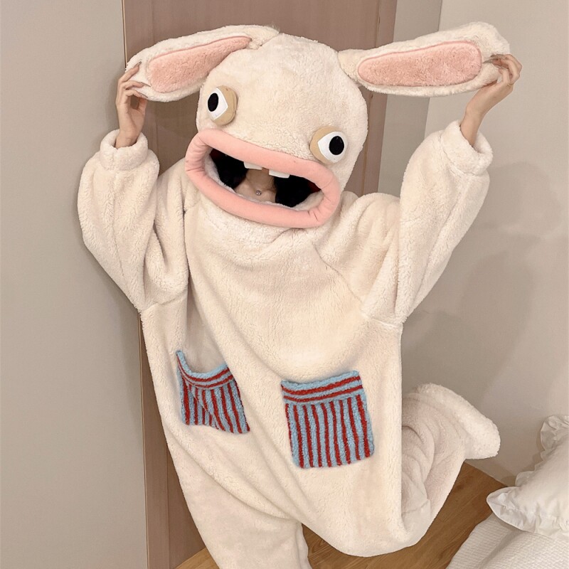 疯狂的兔子连体保暖珊瑚绒睡衣冬季搞怪抽象小丑鱼外穿玩偶家居服