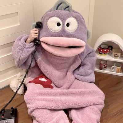 丑鱼连体睡衣女秋冬季珊瑚绒情侣睡袍加厚大码儿童可爱大嘴鱼睡裙