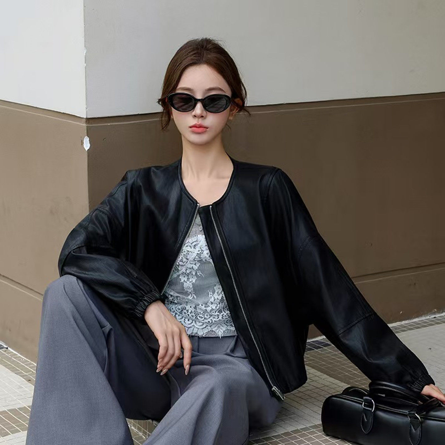 拉链圆领蛋白皮衣外套女