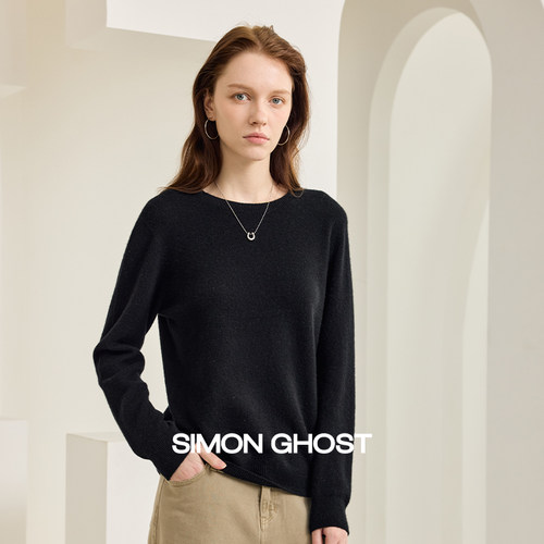 SIMON GHOST 女士羊绒衫秋季针织羊绒休闲黑色咖色圆领上衣毛衫