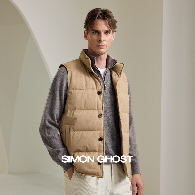 SIMON GHOST 男士秋冬新款麂皮绒马甲休闲黄色羽绒马夹外套上衣