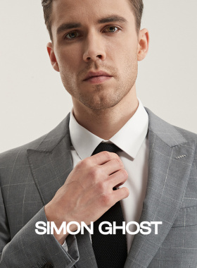 SIMON GHOST 西服套装男纯羊毛意大利面料浅灰色戗驳领格纹西装男