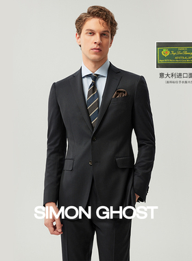 SIMON GHOST新款LORO PIANA面料黑色人字纹150支纯羊毛西服套装男