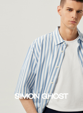 SIMON GHOST蓝色条纹衬衫男士休闲宽松高级感纯棉短袖衬衣