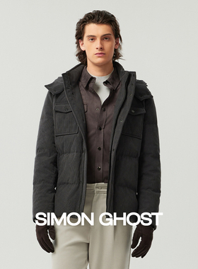 SIMON GHOST秋冬新款男士灯芯绒面料羽绒服纯色深灰色休闲外套