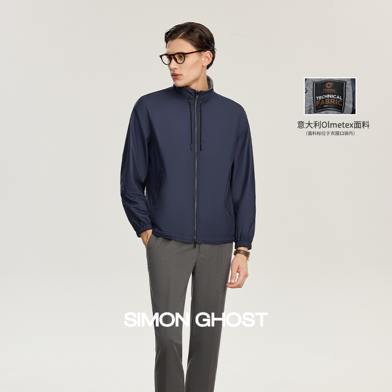 SIMON GHOST 男装海军蓝/灰色意大利Olmetex面料双面束腰夹克外套