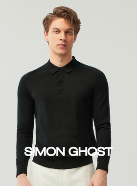 SIMON GHOST 黑色POLO领毛衣男新款纯羊毛保暖咖色可机洗针织衫