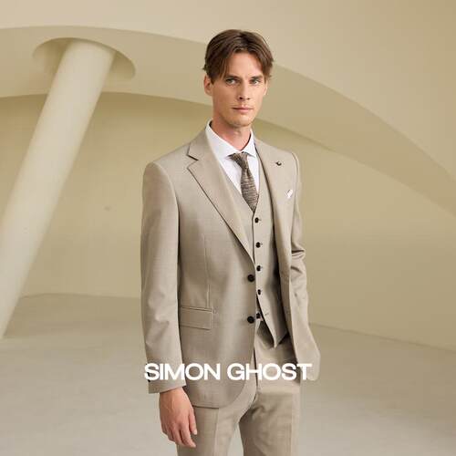 SIMON GHOST 意大利进口高端面料男士正装卡其色西服三件套