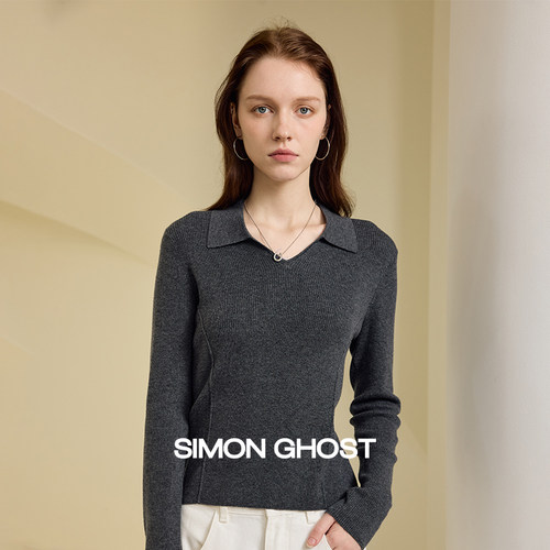 SIMON GHOST 女士羊毛衫秋季针织绵羊毛休闲黑色灰色V领上衣毛衫