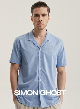 SIMON GHOST古巴领蓝色短袖衬衫男轻薄透气冰丝复古休闲衬衣