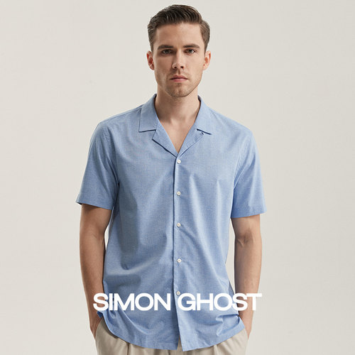 SIMONGHOST古巴领蓝色短袖衬衫