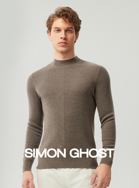 SIMON GHOST新款毛衣男蓝色纯羊毛半高领保暖咖色可机洗羊毛衫