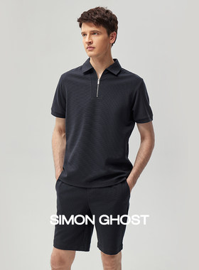 SIMON GHOST男士短袖套装POLO衫上衣休闲藏青色宽松短裤