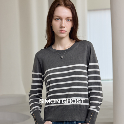 SIMON GHOST 女士羊毛衫秋季针织绵羊毛休闲黑色灰色条纹上衣毛衫