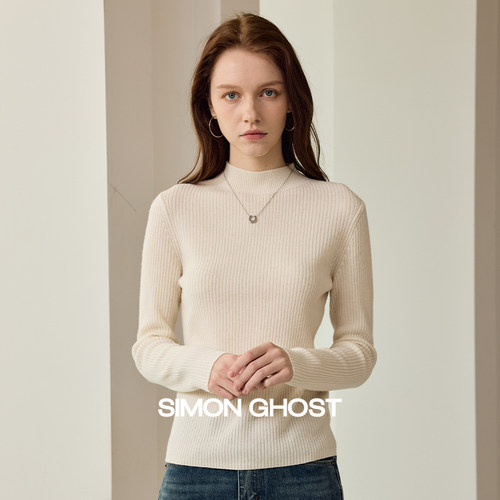 SIMON GHOST 女士羊毛衫秋季针织绵羊毛休闲黑色驼色高领上衣毛衫
