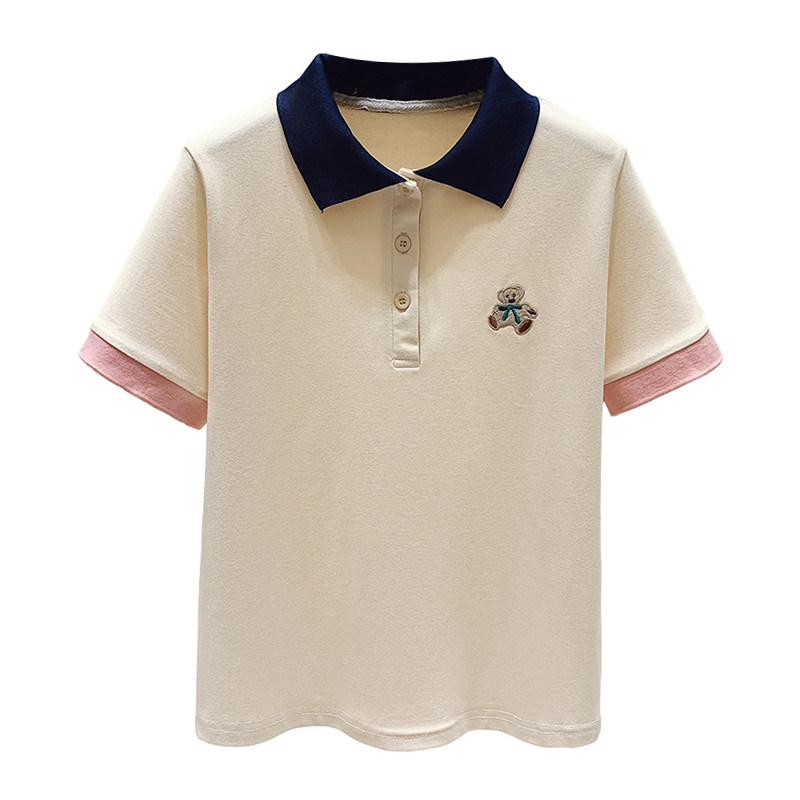 FASHIONABLE WEAR: MILK APRICOT POLO SHIRT WOMENS SHORT SLEEVES FOREIGN STYLE VERSATILE CONTRASTING LAPEL SHIRT SMALL MAN CROP TOP