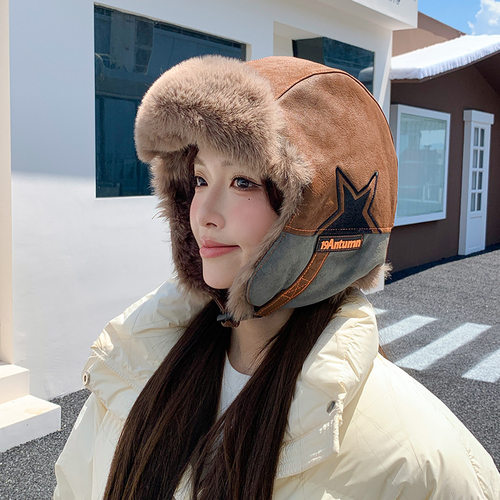 雷锋帽子女款冬季飞行帽加绒加厚保暖护耳棉帽户外滑雪防寒骑行帽