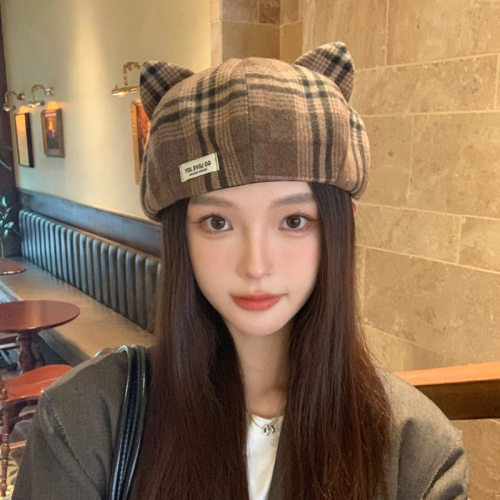 复古格子贝雷帽英伦百搭文艺画家帽秋冬毛呢保暖可爱猫耳朵八角帽