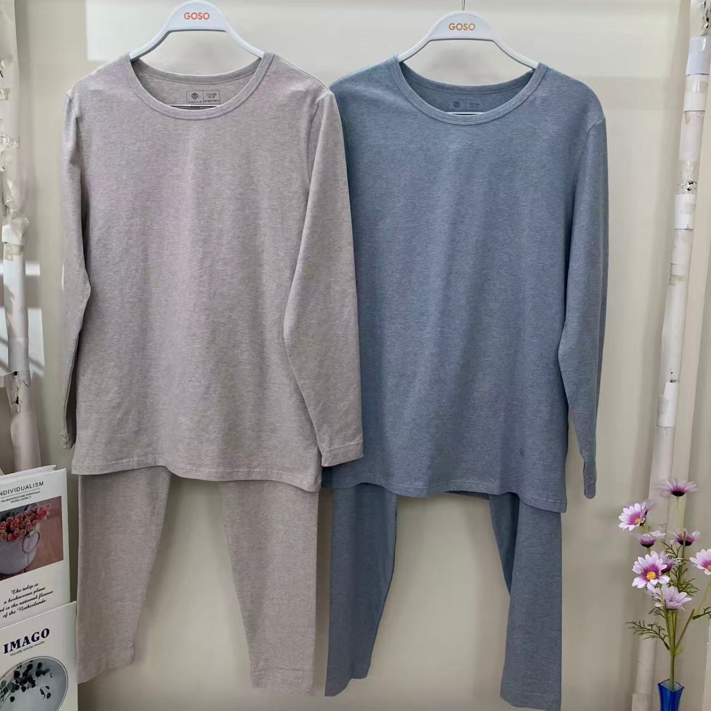 男士薄款长绒棉圆领秋衣秋裤套装