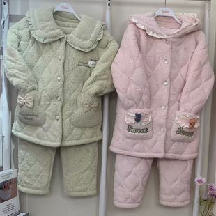 加绒家居服可外穿 新款 香蜜闺秀连帽睡衣女冬季 三层加厚夹棉袄套装