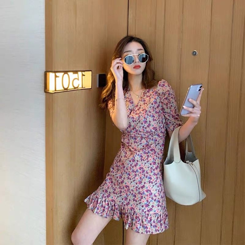 2020年新款法式桔梗初恋裙超仙女小个子za紫色碎花连衣裙夏鱼尾裙