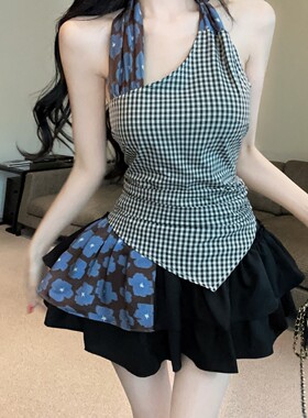 实拍不规则格子斜肩吊带背心女夏季辣妹风修身挂脖上衣搭配裙套装