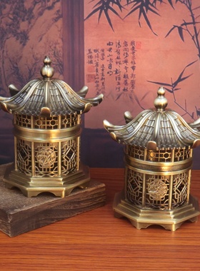 凉亭香炉禅意古亭香薰炉摆件黄铜香薰炉家居办公室装饰工艺品礼品