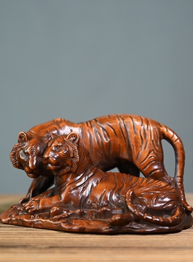 黄杨木仿古木雕虎虎生威办公室摆件家居玄关摆饰实木雕刻工艺品