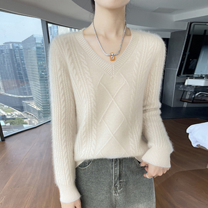 2023秋冬V领菱形提花100%纯羊绒衫女宽松长袖毛衣羊毛针织打底衫