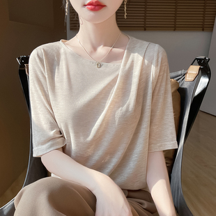 2025年新款 女宽松百搭不规则斜肩领针织T恤上衣 纯色捏褶短袖 薄款