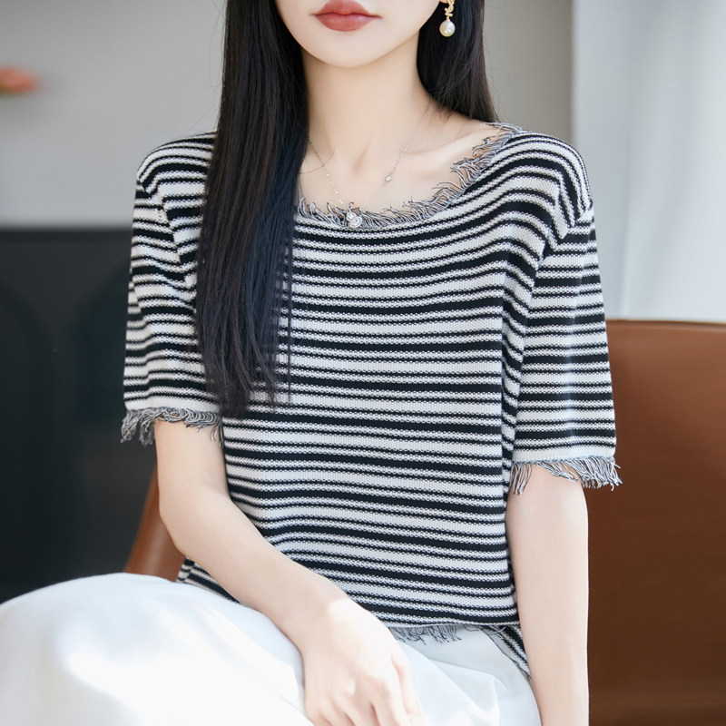 夏季纯棉条纹流苏短袖女士T恤