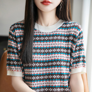 夏季 女宽松百搭显瘦打底上衣T恤 新款 圆领拼色提花凉爽冰丝织短袖