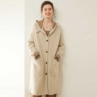 100%纯山羊绒大衣重磅空气层连帽慵懒风女士中长羊毛百搭开衫外套