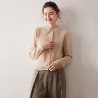 100%山羊绒开衫女POLO领针织外套