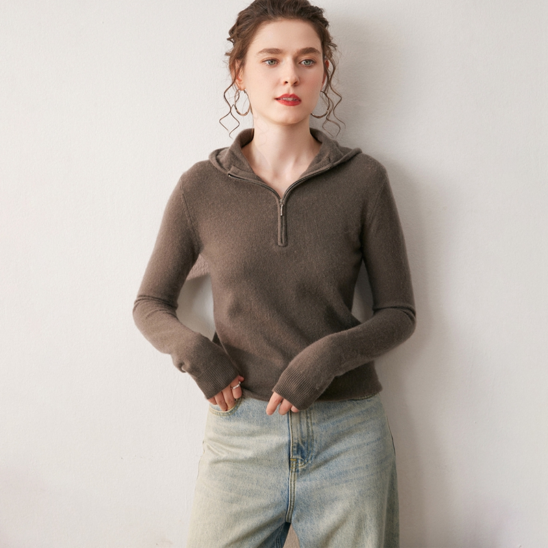半开领拉链山羊绒帽针织打底衫女