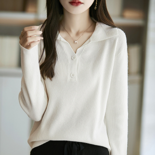 内搭软糯毛衣上衣 polo领针织衫 精纺羊毛女秋冬打底衫 新款 百搭长袖