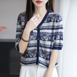 T恤女宽松显瘦针织半袖 夏季 假开衫 新款 V领莱赛尔天丝复古提花短袖