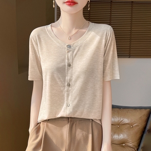 新款 开衫 2025年夏季 圆领纯色短袖 女士宽松百搭薄款 T恤上衣打底衫