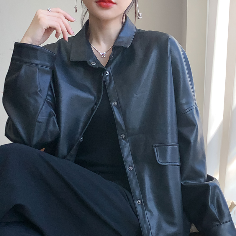 2025年夏季新款纯色蛋白皮POLO领袖开衫女士立领纯色百搭长袖外套