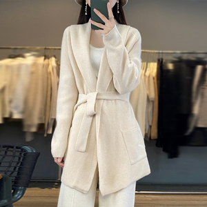 2023秋冬新款大翻领中长款100%纯羊绒开衫女V领带腰带显瘦外套潮