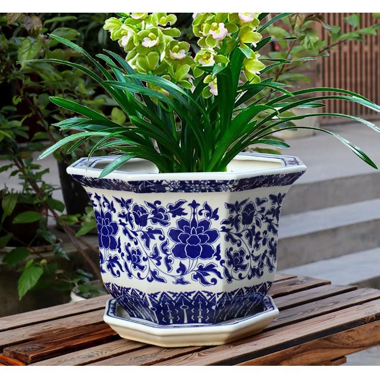 景德镇陶瓷花盆青花瓷大号带接水盘仿古树盆发财树种花居家阳台