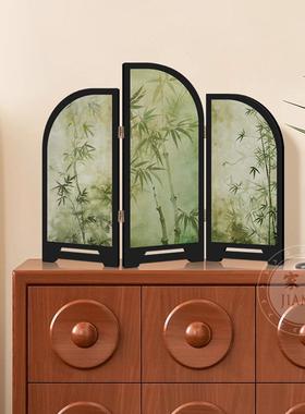 中古风墨竹花鸟小屏风客厅桌面摆件装饰品覆古艺术玄关电视柜摆画